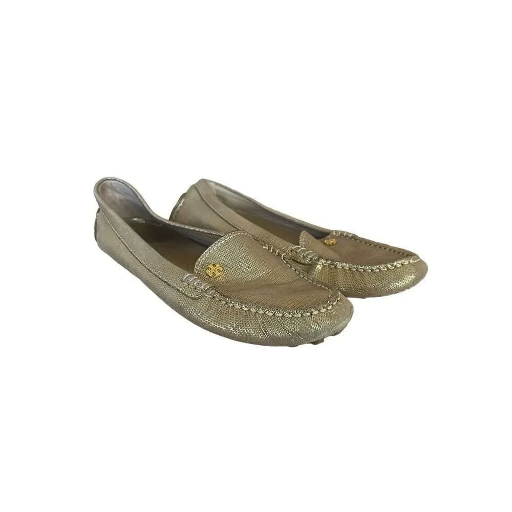 Tory Burch Womens Gold Metallic Almond Toe Slip On Flat Loafer Size 8.5